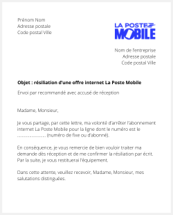 lettre resiliation offre internet la poste mobile