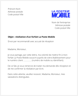 lettre resiliation forfait la poste mobile