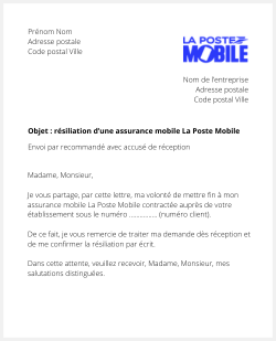 lettre resiliation assurance mobile la poste mobile