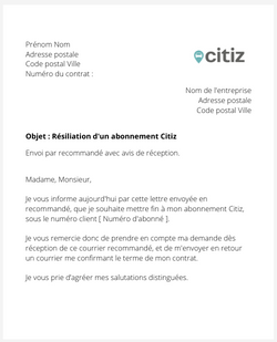 la lettre pour resilier un abonnement dautopartage citiz