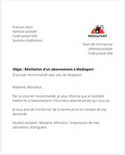 la lettre pour resilier un abonnement mediapart