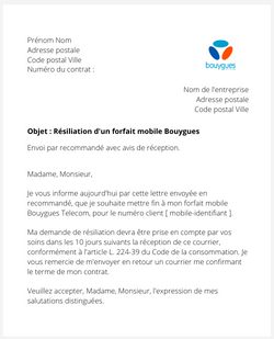 la lettre pour resilier un forfait mobile bouygues