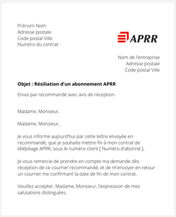 la lettre pour resilier un abonnement de telepeage aprr