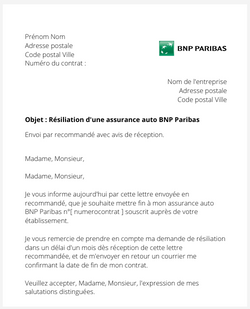 lettre resiliation assurance auto bnp paribas