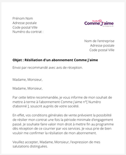 la lettre pour resilier un abonnement comme jaime