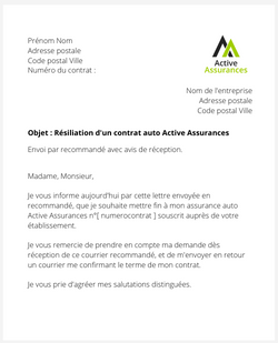 lettre resiliation contrat auto active assurances