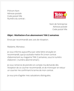 la lettre pour resilier un abonnement tele 2 semaines