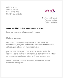 la lettre pour resilier un abonnement de sport edenya