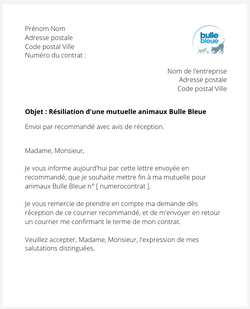 la lettre pour resilier une mutuelle animaux Bulle Bleue