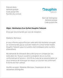 la lettre pour resilier une offre mobile dauphin telecom