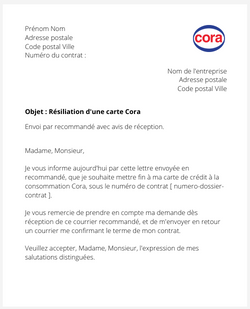 la lettre pour resilier une carte cora