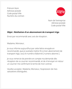 la lettre pour resilier un titre de transport irigo