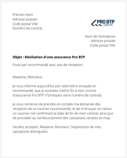 la lettre pour resilier une assurance pro btp