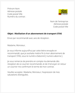 la lettre pour resilier un titre de transport STAS