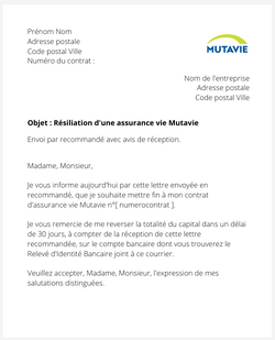 la lettre pour resilier une assurance vie mutavie