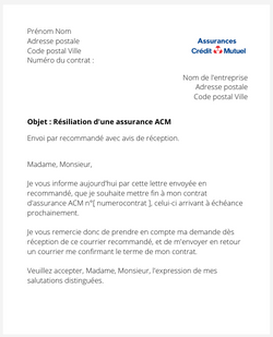 la lettre pour resilier une assurance acm