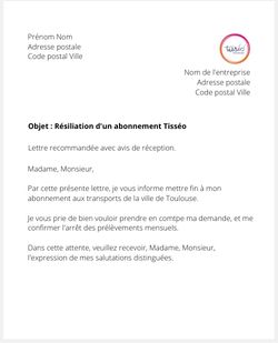 la lettre pour resilier un titre de transport tisseo