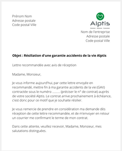 Lettre pour résilier une garantie accidents de la vie Alptis