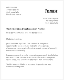 la lettre pour resilier un abonnement premiere