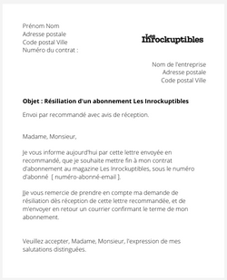 la lettre pour resilier un abonnement les inrocks