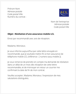 la lettre pour resilier une assurance mobile lcl