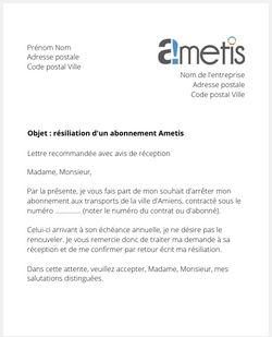 la lettre pour resilier un abonnement de transport ametis