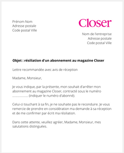 lettre pour resilier un abonnement closer