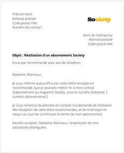 la lettre pour resilier un abonnement society