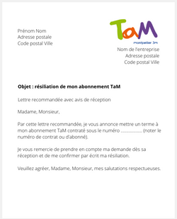 la lettre pour resilier un titre de transport tam