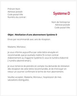 la lettre pour resilier un abonnement systeme d