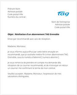 la lettre pour resilier un titre de transport tag grenoble