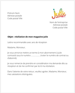 la lettre pour resilier un abonnement au magazine julie