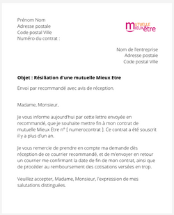 la lettre pour resilier une mutuelle mieux etre