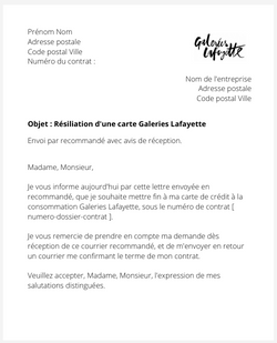 la lettre pour resilier une carte galeries lafayette