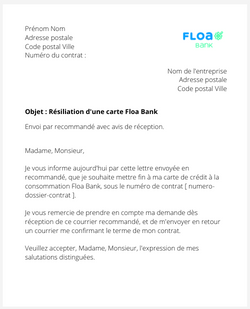 la lettre pour resilier une carte floa bank