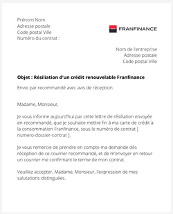 la lettre pour resilier une carte franfinance