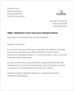 la lettre pour resilier une assurance obseques mutac