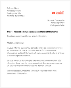 la lettre pour resilier une assurance malakoff humanis