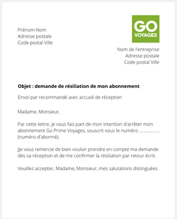 la lettre pour resilier un abonnement go prime