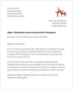 la lettre pour resilier une mutuelle aps prevoyance