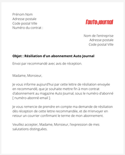 la lettre pour resilier un abonnement auto journal