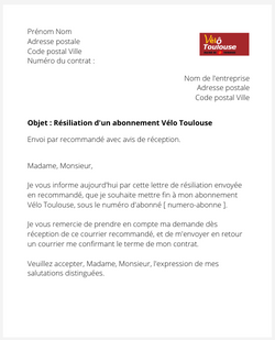 la lettre pour resilier un abonnement velo toulouse