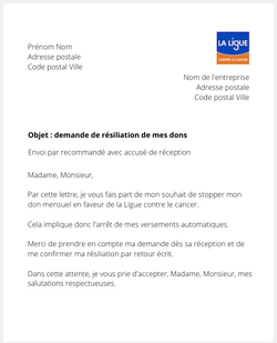 lettre resiliation dons ligue contre le cancer