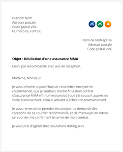 la lettre pour resilier une assurance mma