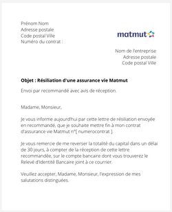 la lettre pour resilier une assurance vie matmut