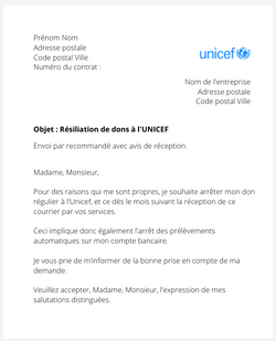 lettre resiliation dons unicef