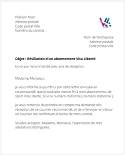 la lettre pour resilier un abonnement de sport vita liberte