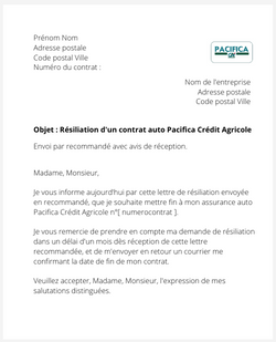 lettre resiliation contrat auto pacifica credit agricole