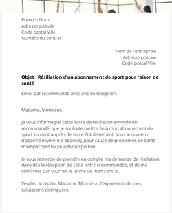 la lettre pour resilier un abonnement de sport pour raison de sante