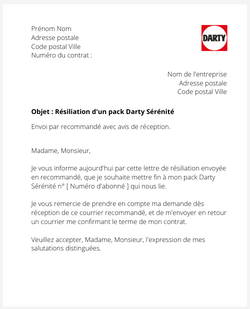 la lettre pour resilier un pack darty serenite